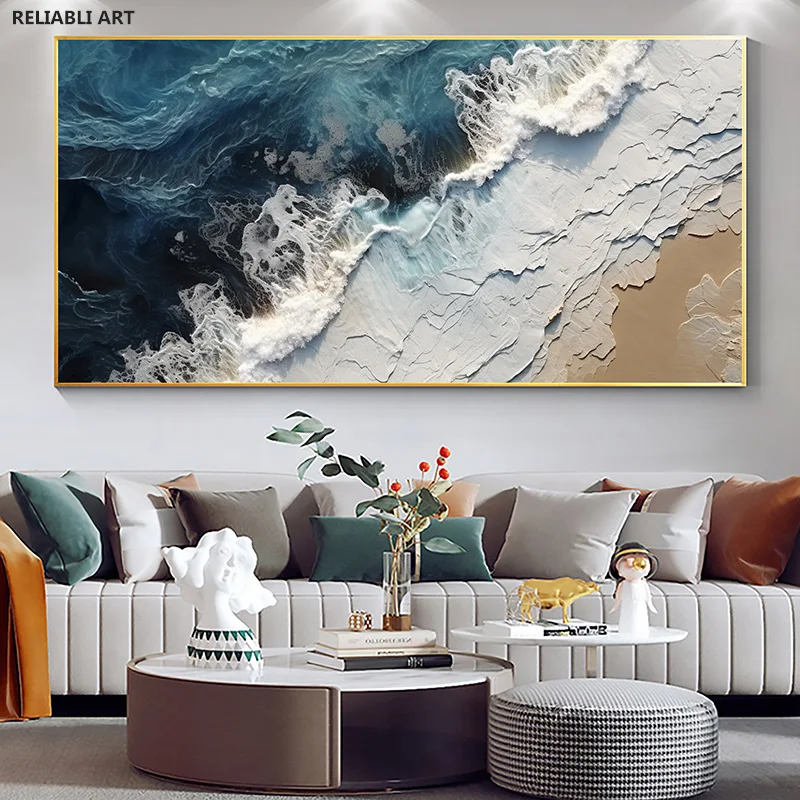 

Abstract Seascape Painting On Canvas, Blue Sea White Ocean Waves Poster, Wall Art Picture, Living Room Decor Cuadros Unframed