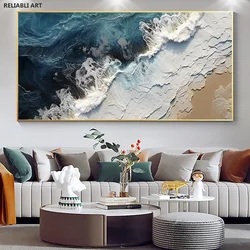 Abstract Seascape Painting On Canvas, Blue Sea White Ocean Waves Poster, Wall Art Picture, Living Room Decor Cuadros Unframed
