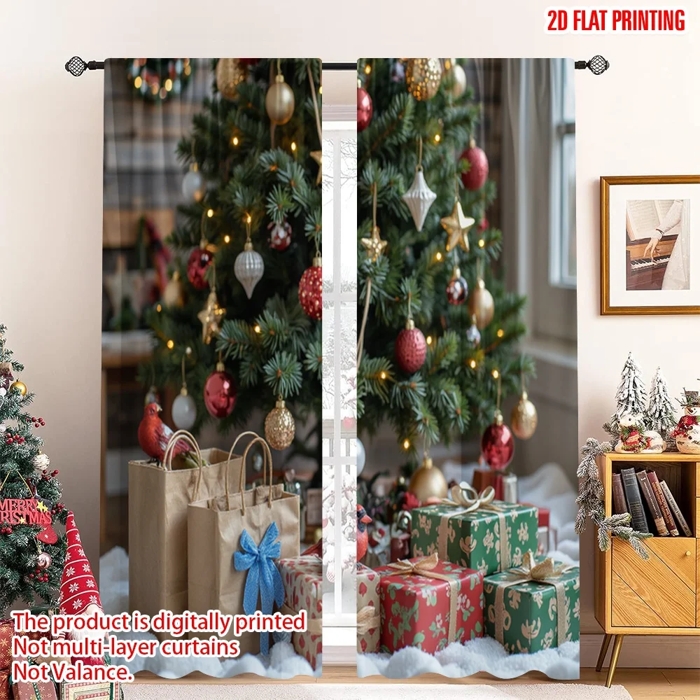

2pcs 2D flat printing Merry Christmas Scene Curtains Festive Christmas Tree Gifts Snow 100% Polyester Without Electricity