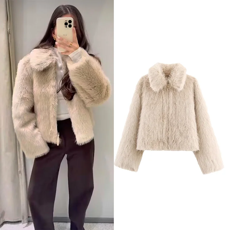

Autumn Winter Women Faux Fur Jacket Casual Turn Down Collar Long Sleeve Women's Warm Zipper Coat Female Chic Jacket Tops