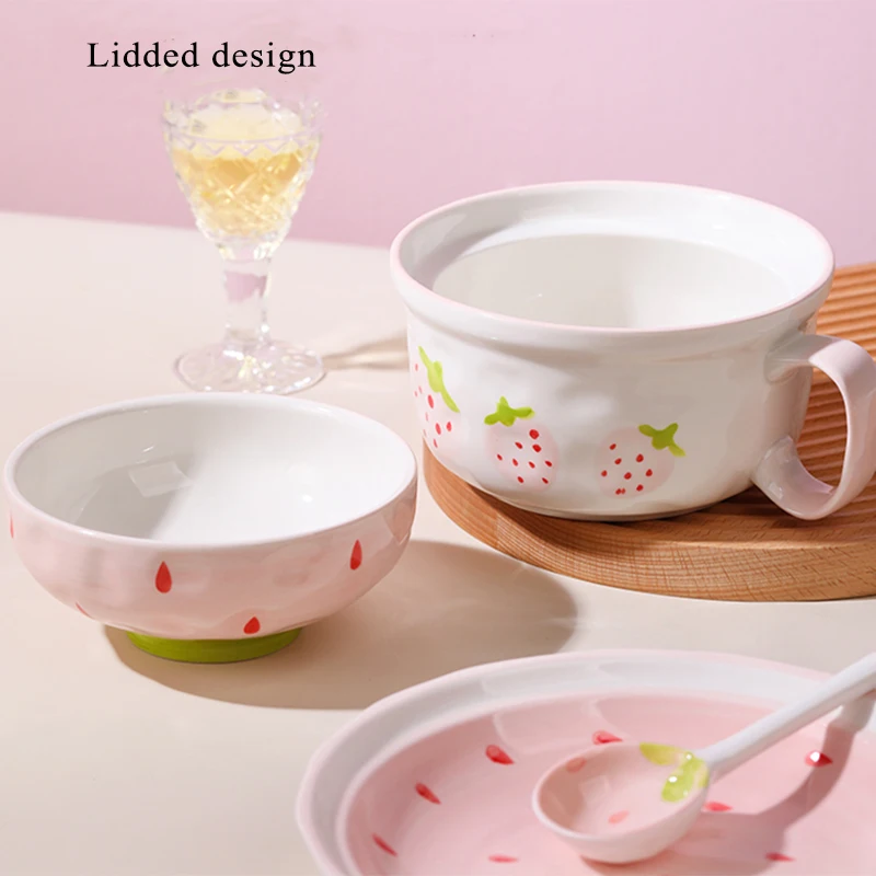 Cute Ceramic Bowls Household 700ml New High Aesthetic Dining Tableware with Lid Underglaze Colour Students Instant Noodles Bowl