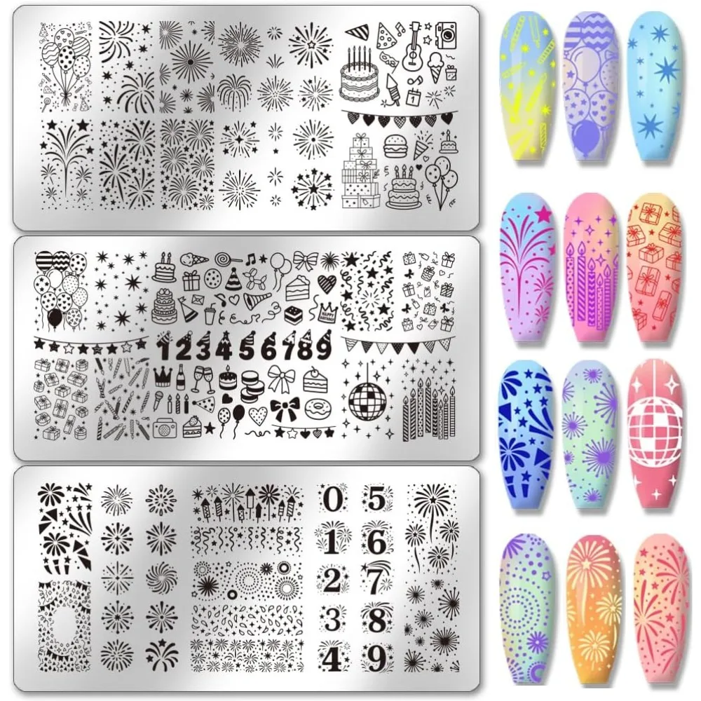 Plaques d'estampage pour ongles, 3 pièces, pour fête d'anniversaire, pochoirs pour Nail Art, numéro, manucure, modèles artistiques, célébration