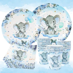 Blue Baby Elephant Theme Disposable Tableware Tablecloth Paper Plate Napkins for Baby Shower Decor Gender Reveal Party Supplies