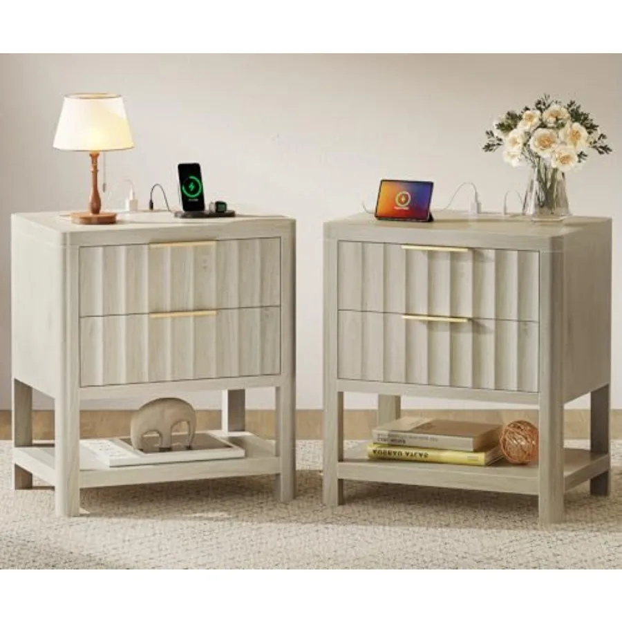 27.6 Inch Tall Night Stands with Charger Station USB-C Port Fluted Nightstand Set of 2 Larger Wider Bed Side Table with 2 Deep
