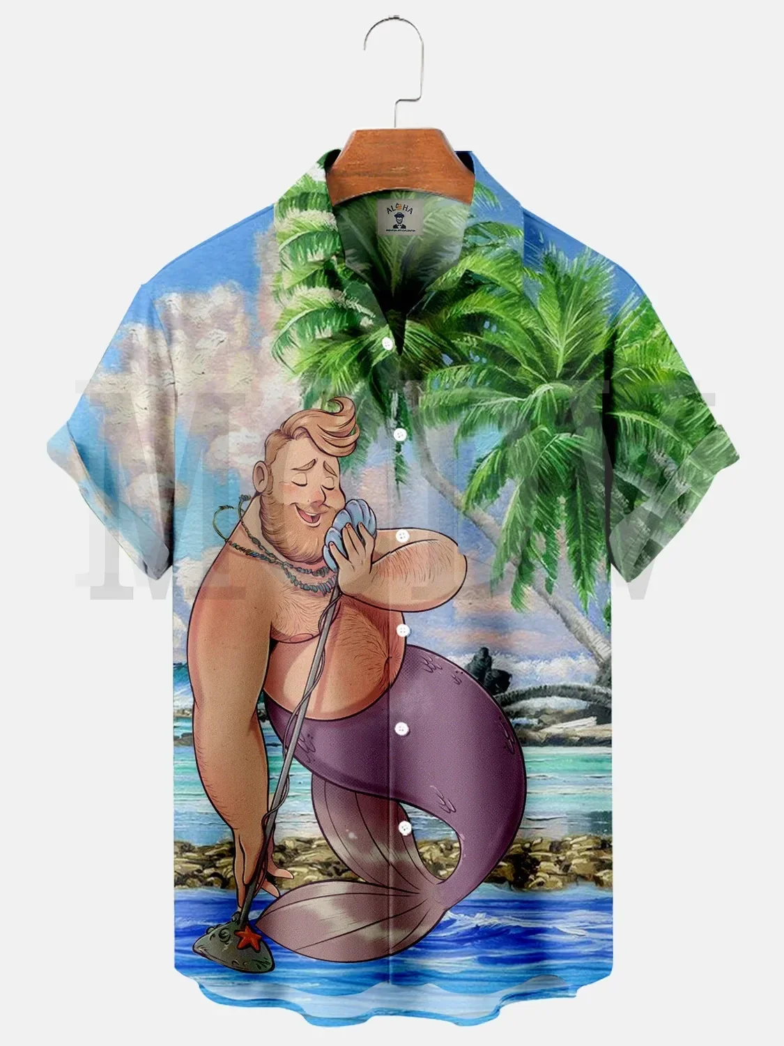 Vintage Fun Hawaiian Mermaid Print Pocket Short Sleeve Shirt Oversized Stretch Music Car Aloha Shirts