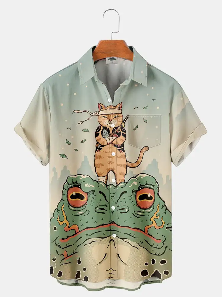 2024 New Ukiyoe Frog Print Men's Shirt Summer Lapel Shirt Men's Casual Single-Breasted Short-Sleeved Top Men's Fashion Shirt