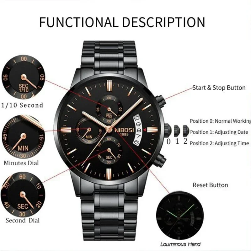 Nibosi-relógio de pulso masculino de quartzo, estilo militar, casual, com cronógrafo, marca de luxo, famosos, moda