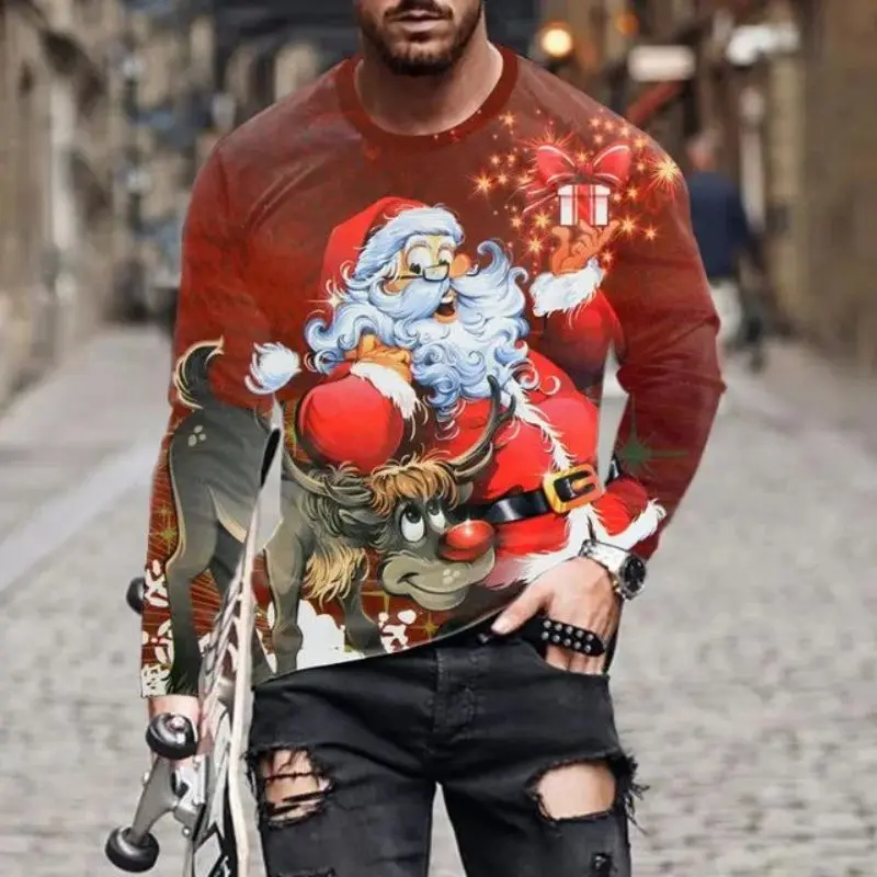 

New Year Men Christmas Santa Festive Pattern Fashion Casual O Collar Long Sleeve Loose Street Personality Fun Plus Size Top