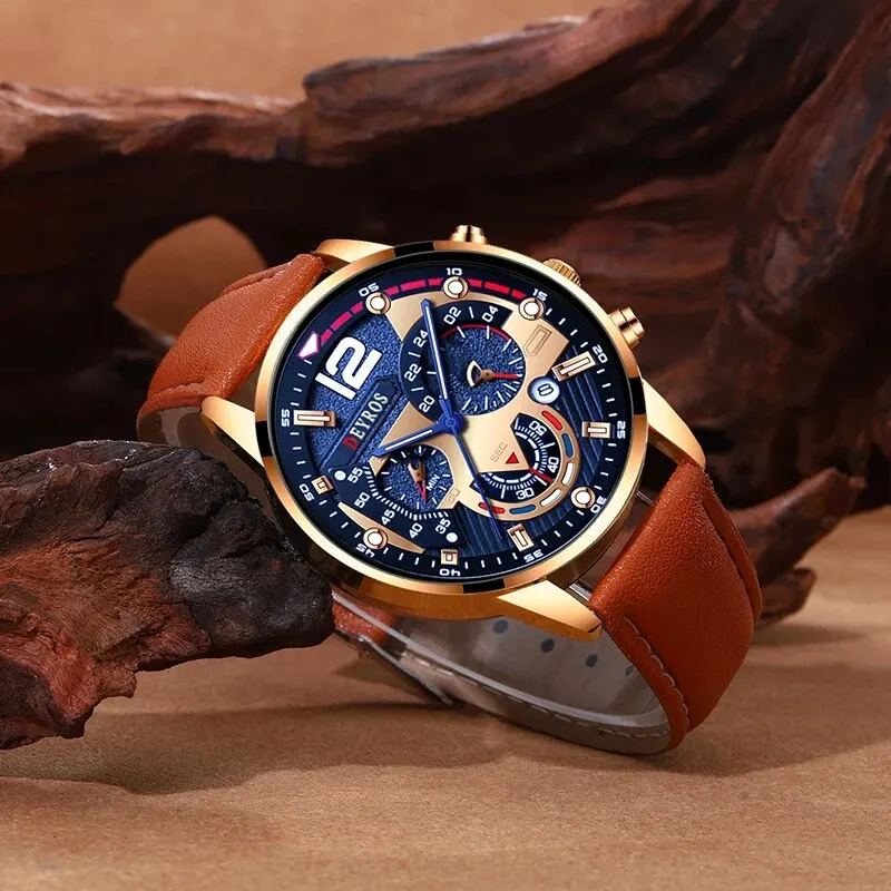 2PCS Set Fashion Mens Calendar Watches Luxury Male Business Casual Brown Leather Quartz Watch Men Bracelet Wrist Watch