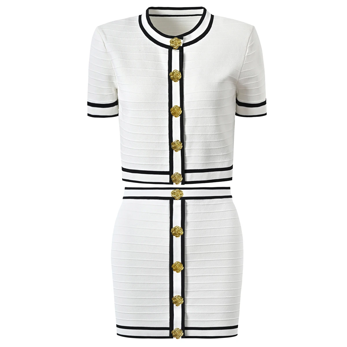 

SML High Quality Knitted Floral Button Short Sleeve Cardigan Elastic Slim Fit Mini Skirt Casual Fashion Women's Two Piece Outfit