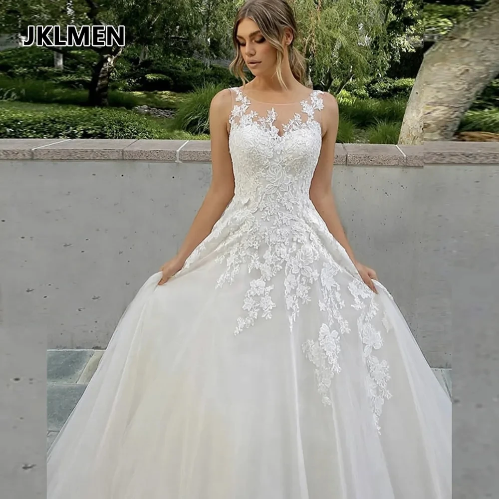Elegant Wedding Dresses Simple Off Shoulder Sleeveless Fluffy Princess Style Romantic Lace Applique Customized Bridal Gowns