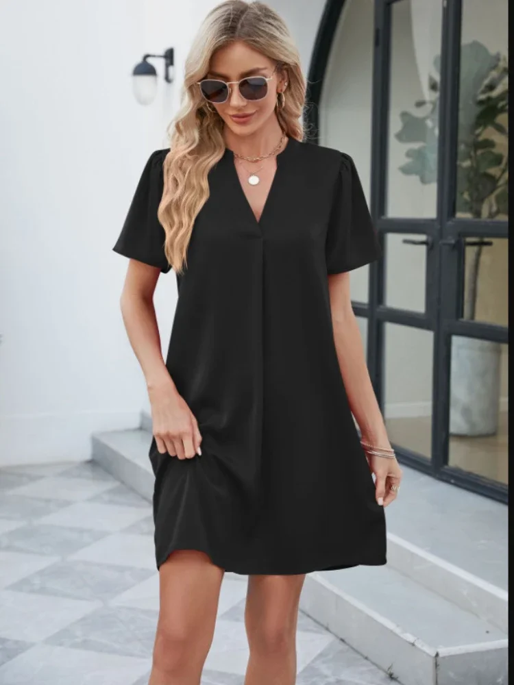 

Women's Dress 2024 Spring Summer New In Solid V-Neck Loose Female Dress Pleated Short Sleeve Elegant Mini Dress for Women