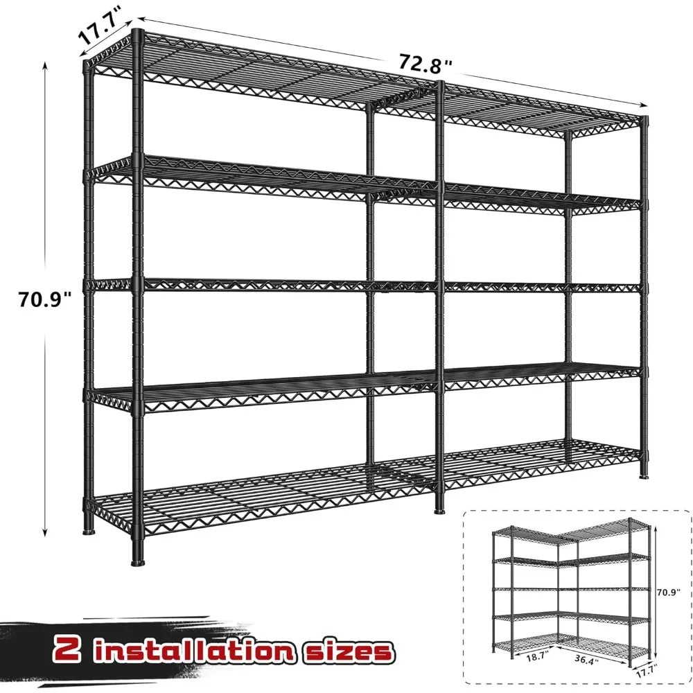 Полки для хранения вещей 72,81 дюйма W, 70,91 дюйма, проволочные стеллажи, нагрузка 1600 фунтов, 5-уровневые металлические стеллажи для стеллажа для хранения, металлические полки