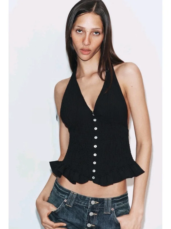 Top de verano sexy para mujer con decoración de botones de nido de abeja, cuello a cuadros, ajuste ceñido, corte en A, tirantes estrechos, estilo chaleco, para paseo urbano, neutro