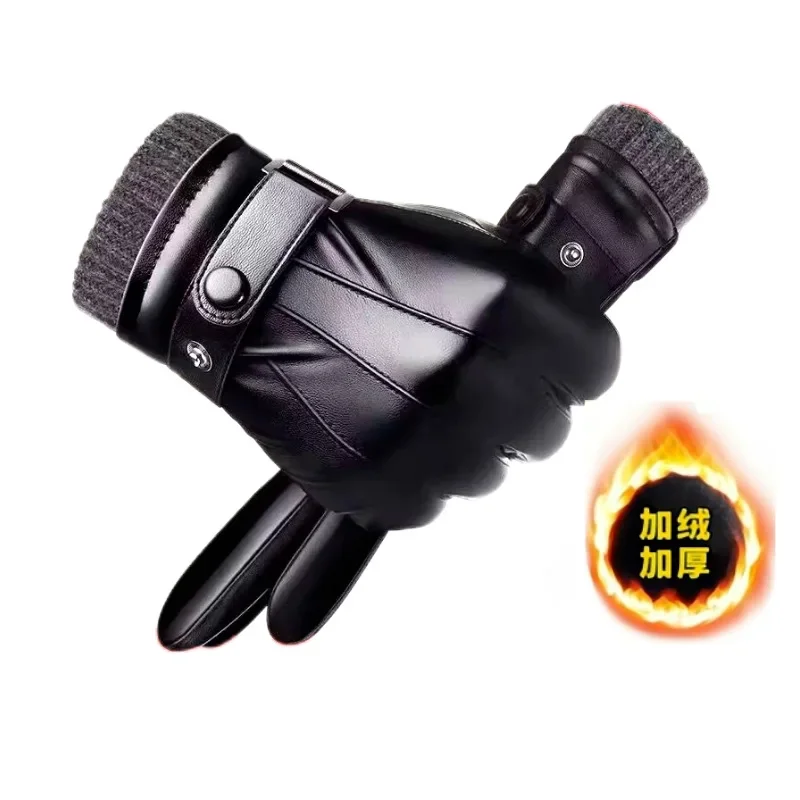 Winterhandschuhe für Herren, echtes Leder, warm, plus Samt, Touchscreen-Handschuhe, Outdoor, Radfahren, Fahren, Motorrad, PU-Handschuhe
