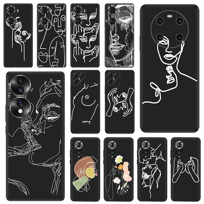 Black Matte Phone Cases for Honor X8b X8 X7 X6 a X9 b 90 70 Magic5 8x Sexy Girl Face Body Line Art Huawei P40 P30 P20 Soft Cover