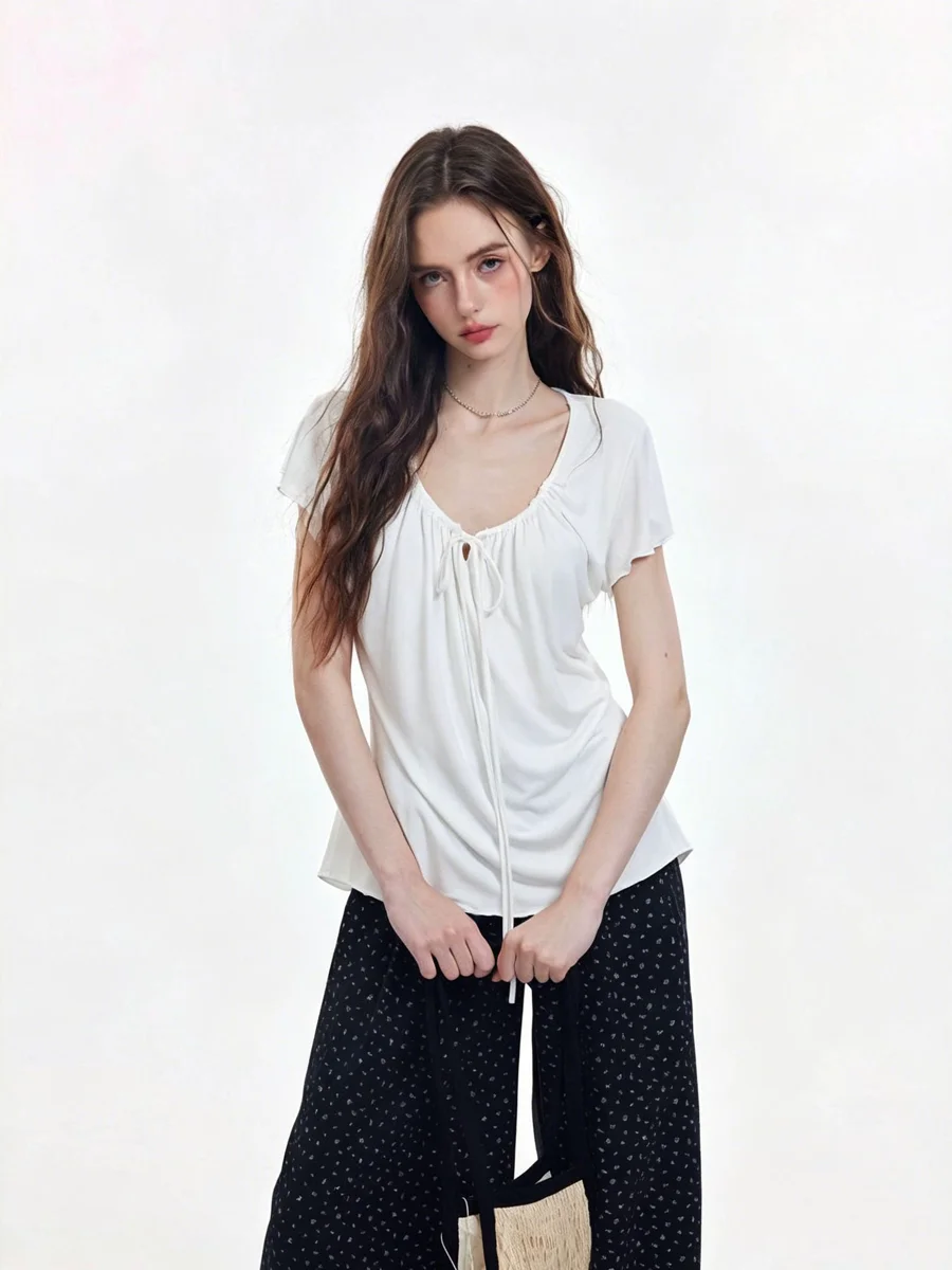 Korean Style Drawstring Short Sleeve T-Shirt Women's Summer New Versatile Lazy Loose Feeling Top Date Outfit Matching