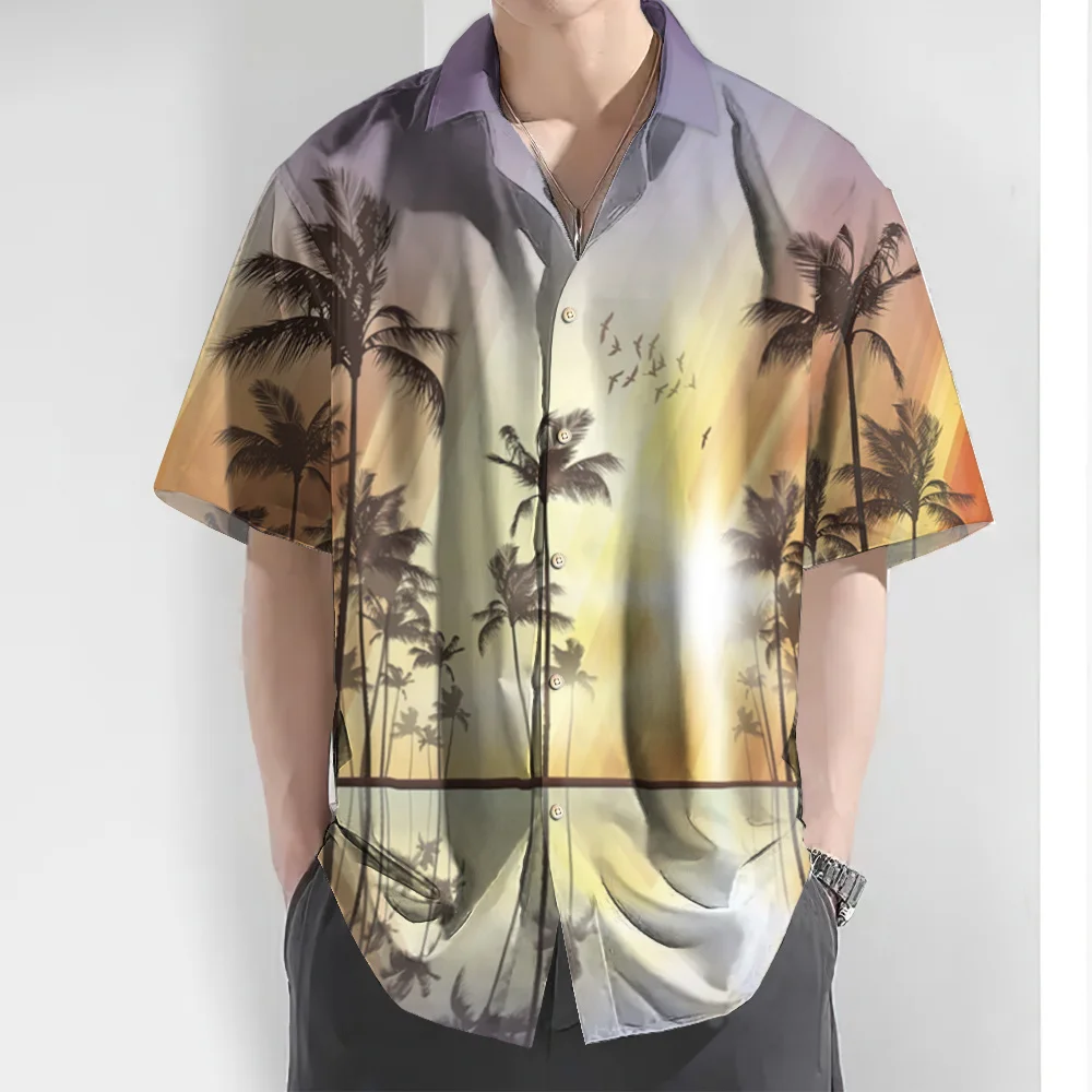 Summer Men\'s Shirt 3d Colorful Coconut Tree Print Hawaiian Shirts For Men Beach Casual Short Sleeve Shirt Oversized Man Clothing