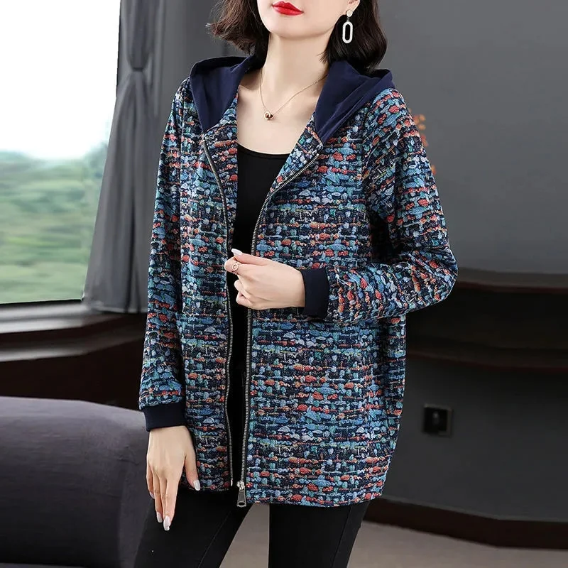 Fashion Hooded Flower Color Female Outerwear Medium And Long Women Trench Coat 2022 Spring Autumn Middle-Aged Mother Jacket