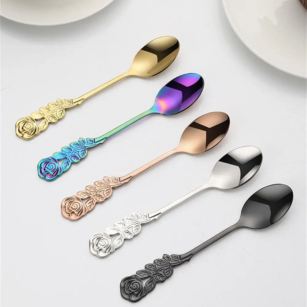 Mixing Spoon Elegant And Classical Mirror Polishing Dessert Spoon Rose Handle Fork Stainless Steel Fork Spoon Fruit Fork