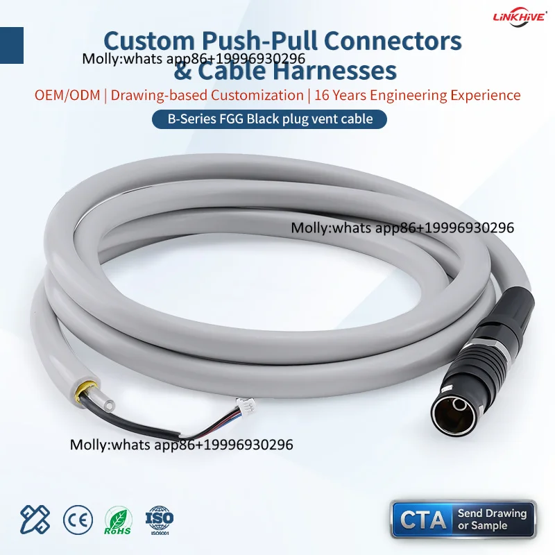 B Series  Electrical Black Chrome-plated Vented Pneumatic Hybrid Connector Cable for Medical & Industrial Equipment Custom Wire