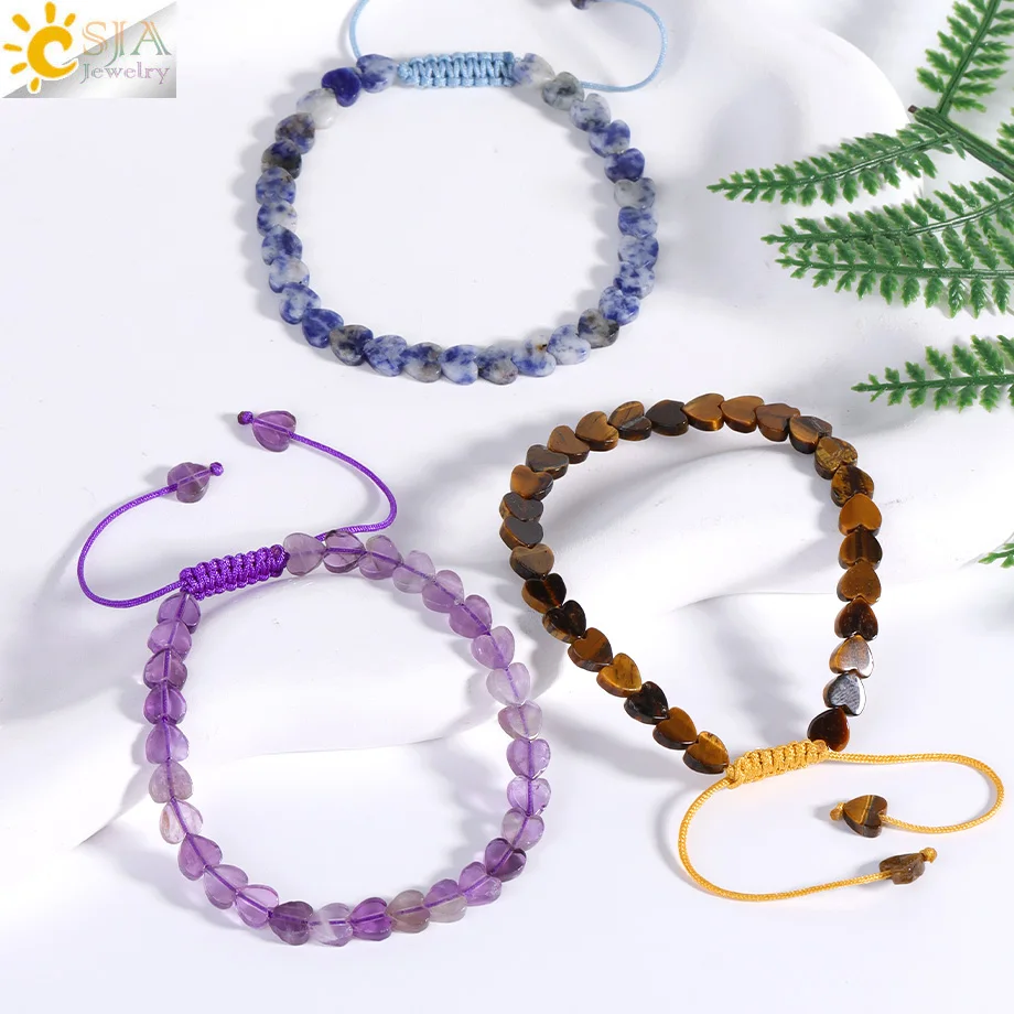 CSJA Handgefertigter Naturstein-Herz-Perlen-Armreif für Frauen, Energie, Amethyste, Amazonit, Kristall, geflochtener Schmuck H643