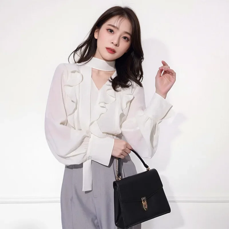 

2025 spring and summer Japanese cross-border ruffle edge streamer collar elegant temperament chiffon shirt