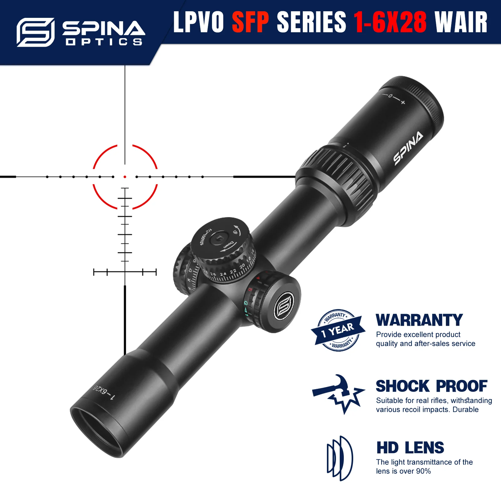 SPINA OPTICS HD 1-6X28 LPVO Tactical Compact Wide Angle Mid Dot Dual Purpose Red Dot Glass Etched Reticle Scope 22LR.223.308