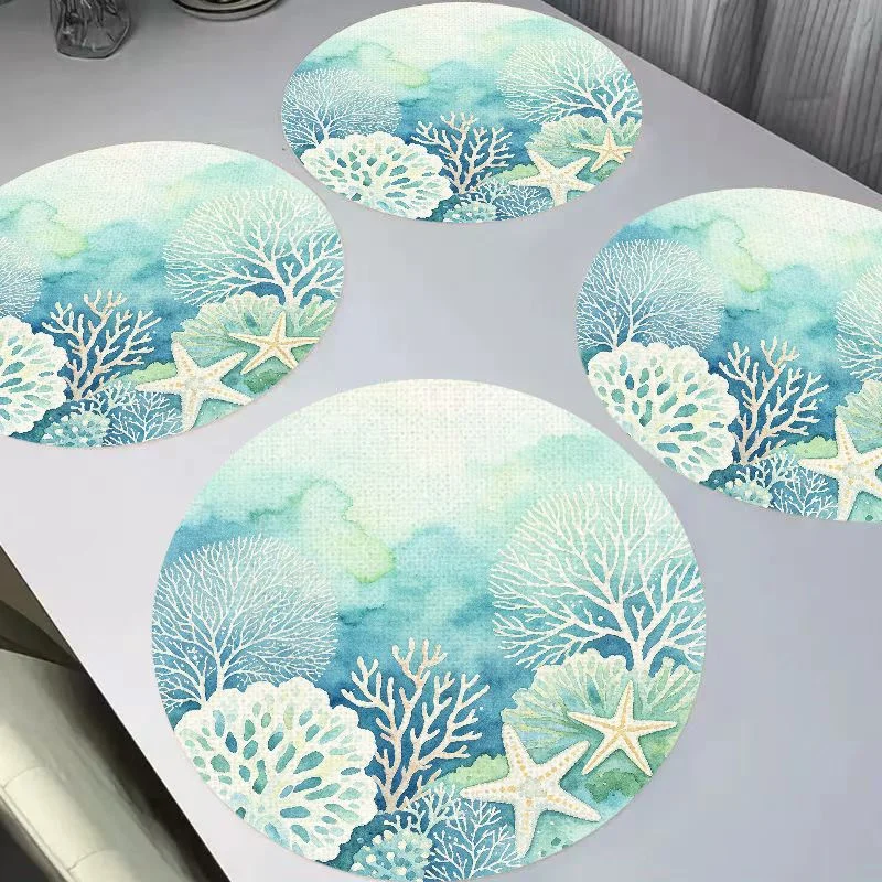 VIKAMA Fresh Watercolor Ocean Coral Sea Star Round Linen Table Mat Thermal Insulation Wear resistant Table Mat Desktop Decor