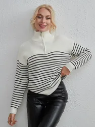 Wixra Women Sweaters Basic Long Sleeve Striped High Street Jumpers Zipper Warm Casual 2023 Autumn Winter