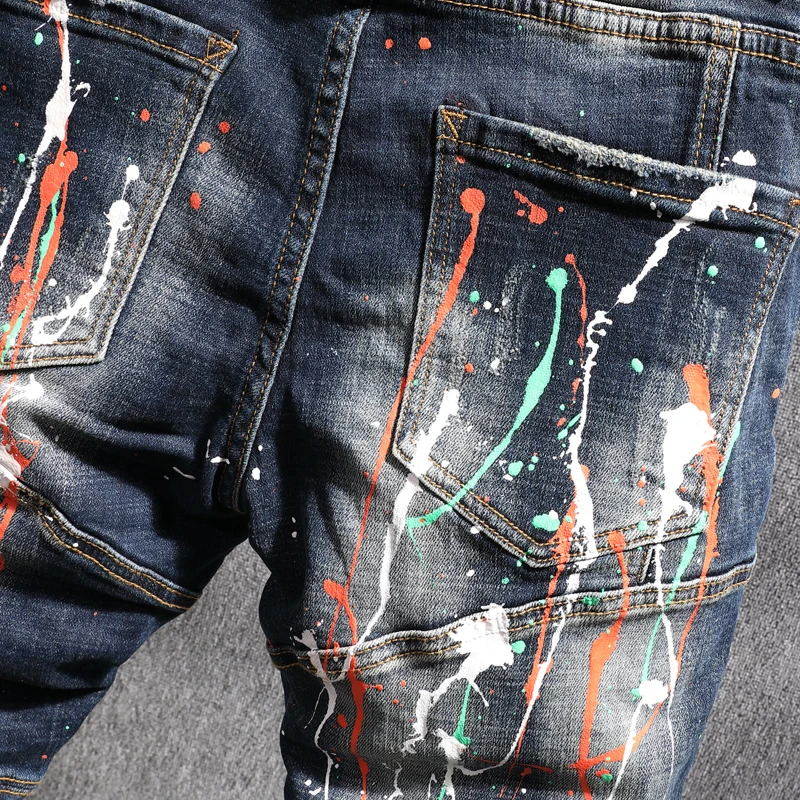 Streetwear Fashion Men Jeans Retro Black Blue Slim Fit Stretch Spliced Designer Biker Jeans Homme Painted Hip Hop Punk Pants Men
