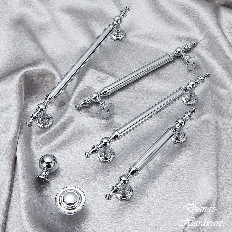 French Bright Silver Handle Brass Wardrobe Cabinet Door Handles Cabinet Drawer Knobs Chrome Mirror Furniture Handle and Knob