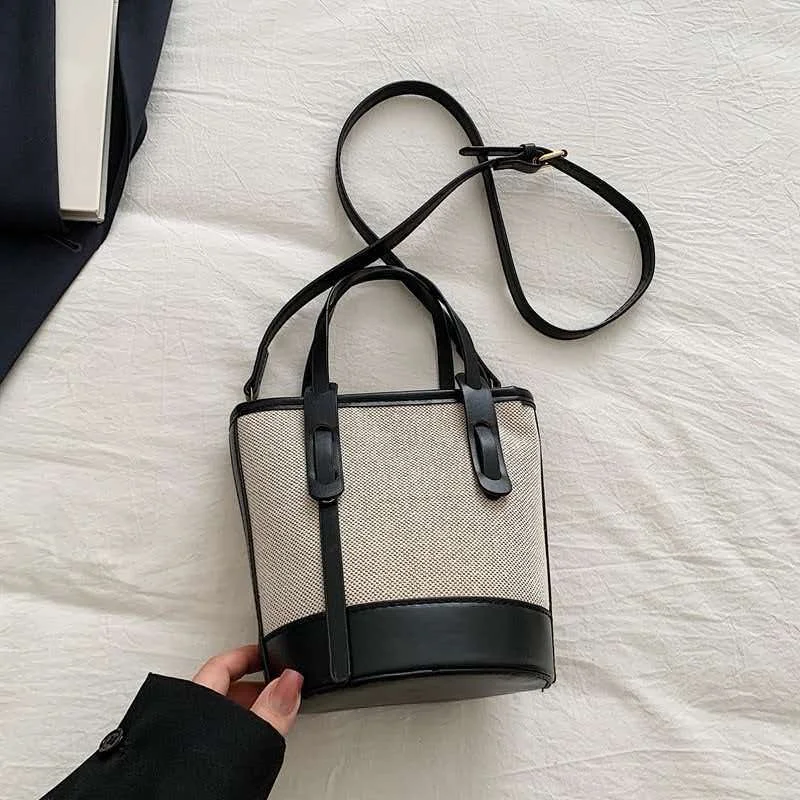 Canvas contrasting small bucket bag, women's crossbody bag, handbag, shoulder bag