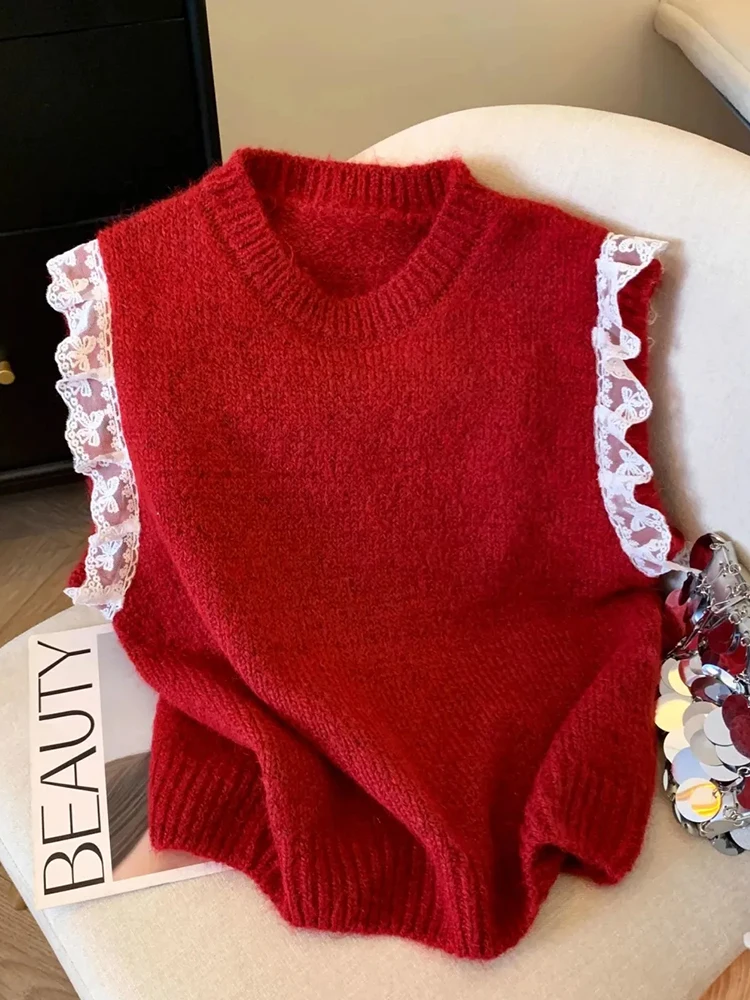 Zoki Lace Patchwork Sweet Sweater Vest Women Vintage O Neck Casual Knitted Tops Korean Preppy Style Lady Lazy Wing Cute Vest New