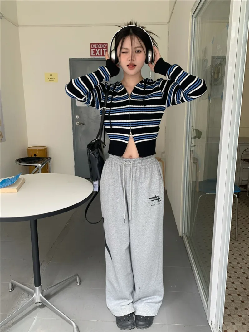 Korean Sle Autumn Winter Striped Color Blo ort Fit Women's Sweatirt Jaet Double Zipper Hooded Commute Friendly