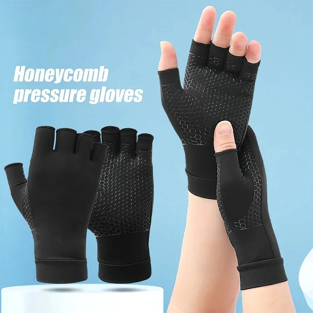 1Pair Copper Arthritis Gloves for Carpal Tunnel, Compression Gloves To Alleviate Hand Pain, Swelling, Fingerless Computer Typing