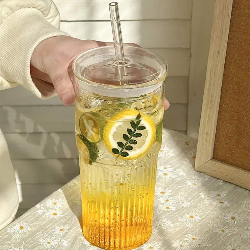 600ML Stripe Glass Cup with Lid And Straw Transparent Outdoor Drinkware for Juice Iced Coffee Water Mug