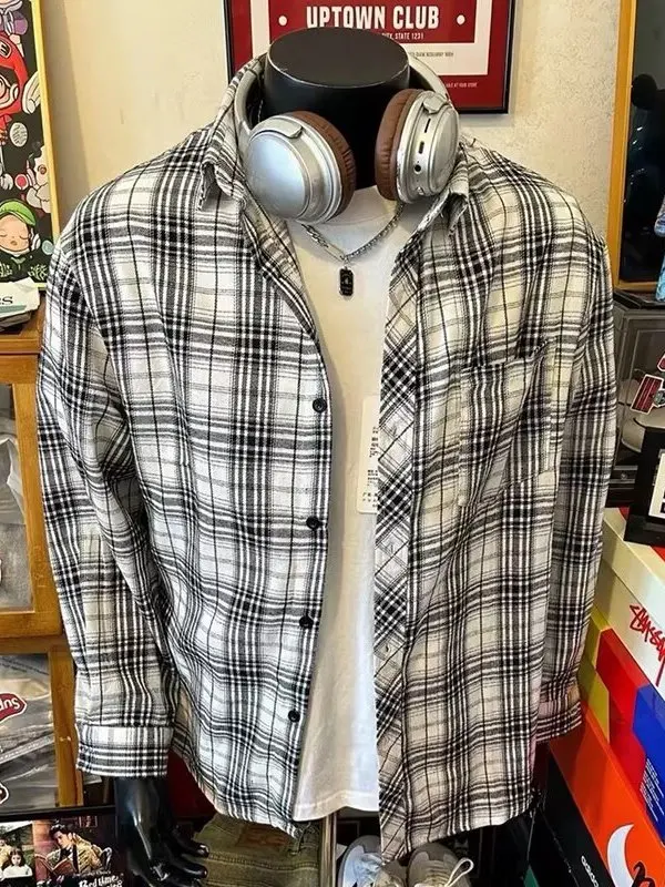 

plus Size Men's Casual Loose Long Sleeve Shirt Vintage American Plaid Streetwear Spring Autumn Couple's Shirt Polyester