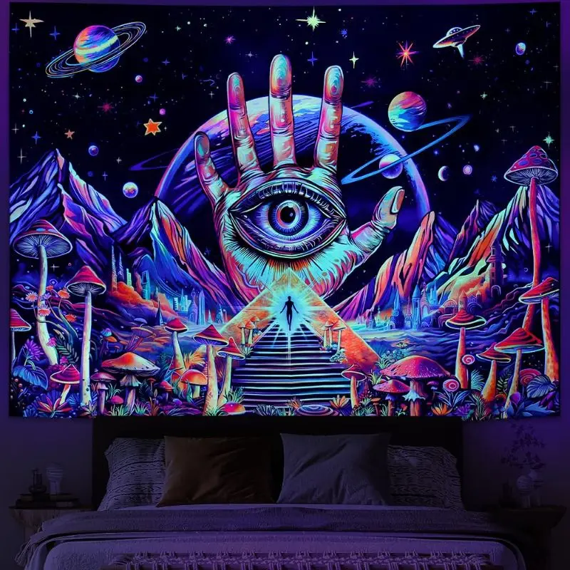 VIKAMA Neon Vision Eye Mushroom Tapestry, Illusionary Starry Sky Wall Hanging, Psychedelic Wall Decor Bedroom Dorm Home Decor