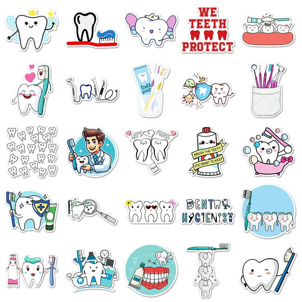 10/30/50pcs Cute Dentist Protect Tooth Stickers divertente spazzolino da denti decalcomania dei denti bagagli fai da te Skateboard Laptop Cartoon