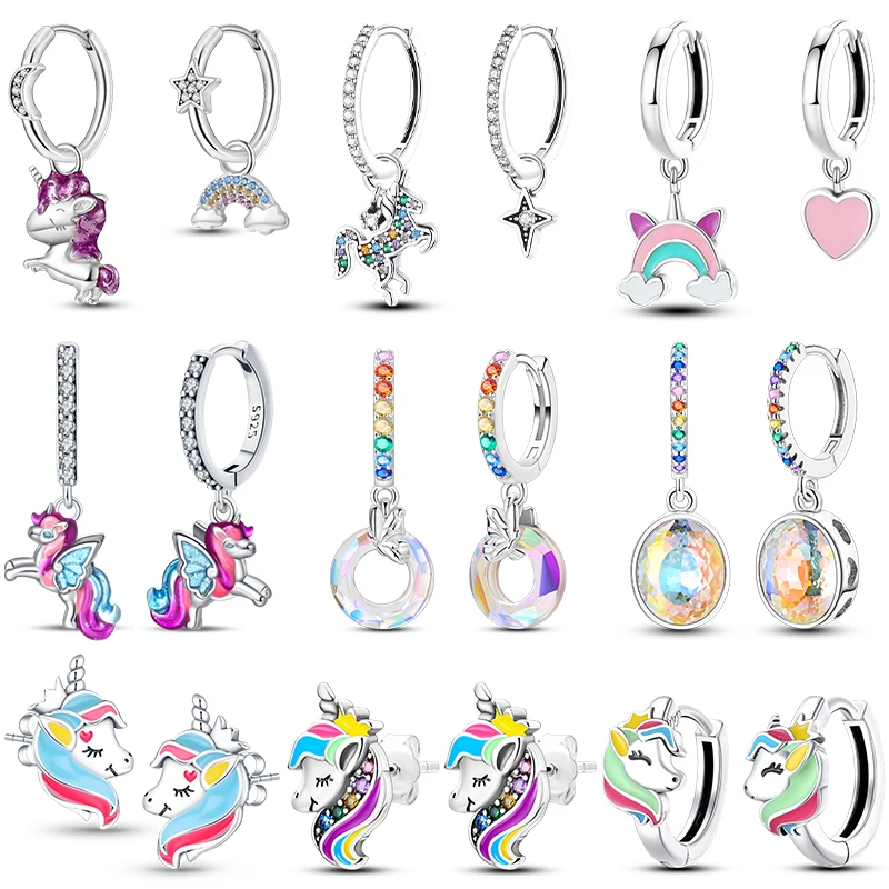 Süße Damen-Ohrringe aus 925er Silber, Einhorn, Regenbogen-Pferd, funkelnde Farbe, Edelstein, geeignet für Jahrestag, Verlobung, zarter Schmuck