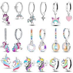925 Silver Unicorn Rainbow Horse Sparkling Color Gemstone Women's Sweet Earrings Fit for Anniversary Engagement Delicate Jewelry