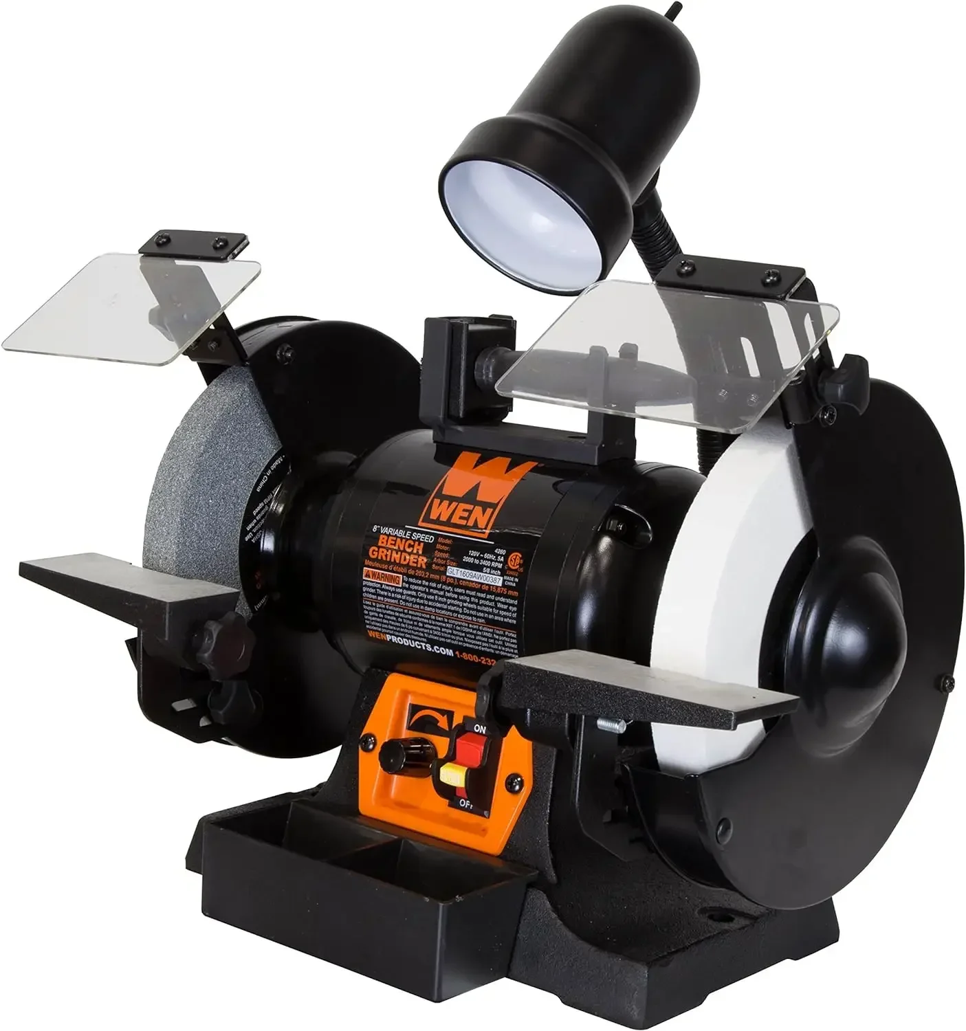 WEN BG4280 5-Amp 8-Inch Variable Speed Bench Grinder with Flexible Work Light, Black Orange