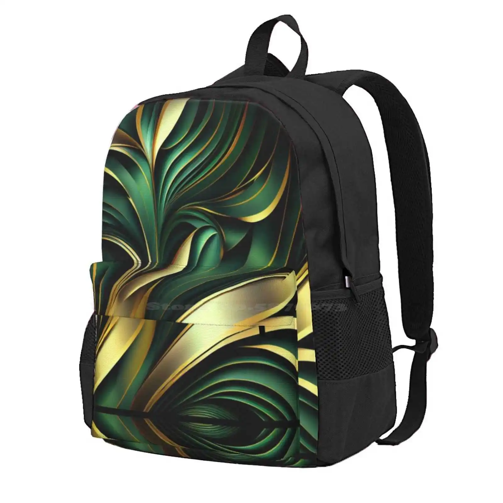 Elegant Emerald: A Gold And Green Graphic Design Hot Sale Schoolbag Backpack Fashion Bags Abstract Ainouveauart Imperial Style