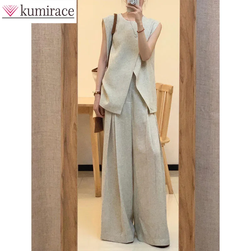 Fashion Set for Women's Summer Wear with High-end Cotton and Linen Temperament, Paired with Casual Wide Leg Pants Two-piece Set