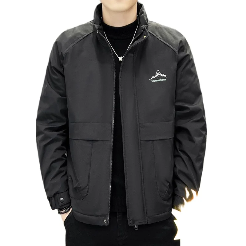 

New Men's Stand Collar Fleece-Lined Jacket, Thickened Cotton Coat for Autumn and Winter, High-End Casual Warm Outerwear
