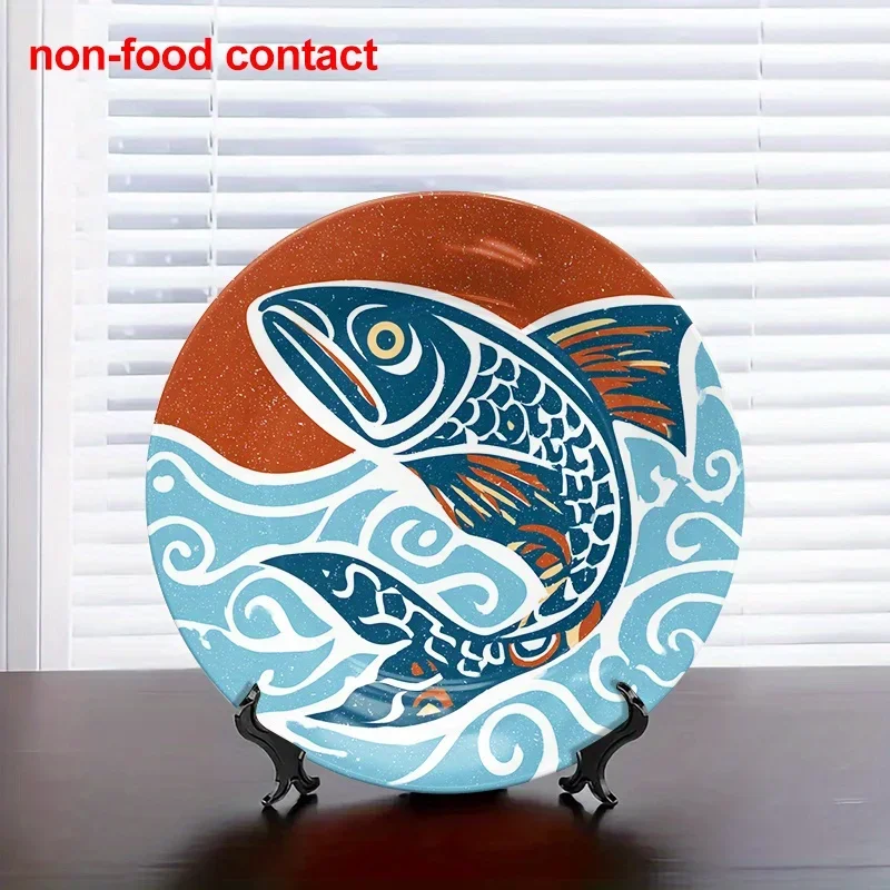 1pc 8-Inch Round Ceramic Hanging Wall Art Plate with Vintage Fish & Blue/Orange Swirls - Black Metal Stand, Jewelry Display