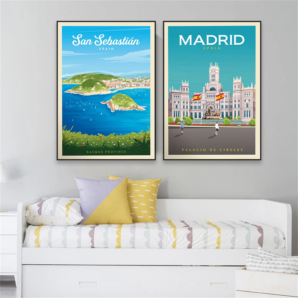 San Sebastian Spain Travel Poster Colorful Palacio de Cibeles Prints ity Minimalist Cityscape Landscape Canvas Painting Decor