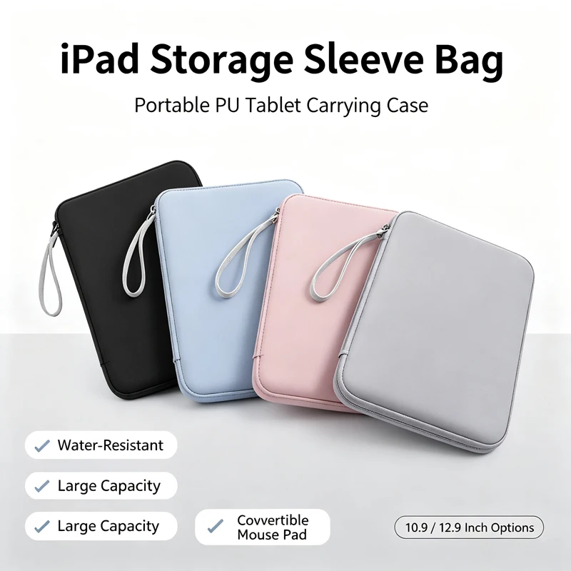 PU Tablet Sleeve Bag for 10.9 Inch iPad, Water‑Resistant Portable Storage Case with Hand Strap