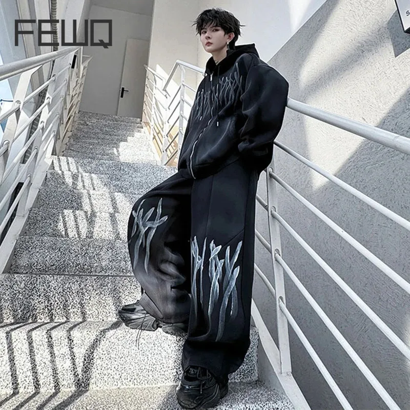 PFNW Two Piece Men Set Autumn Spray Painted Hand-painted Trendy Hooded Sweatshirt High Street Male Loose Wide Leg Pants 28W4530